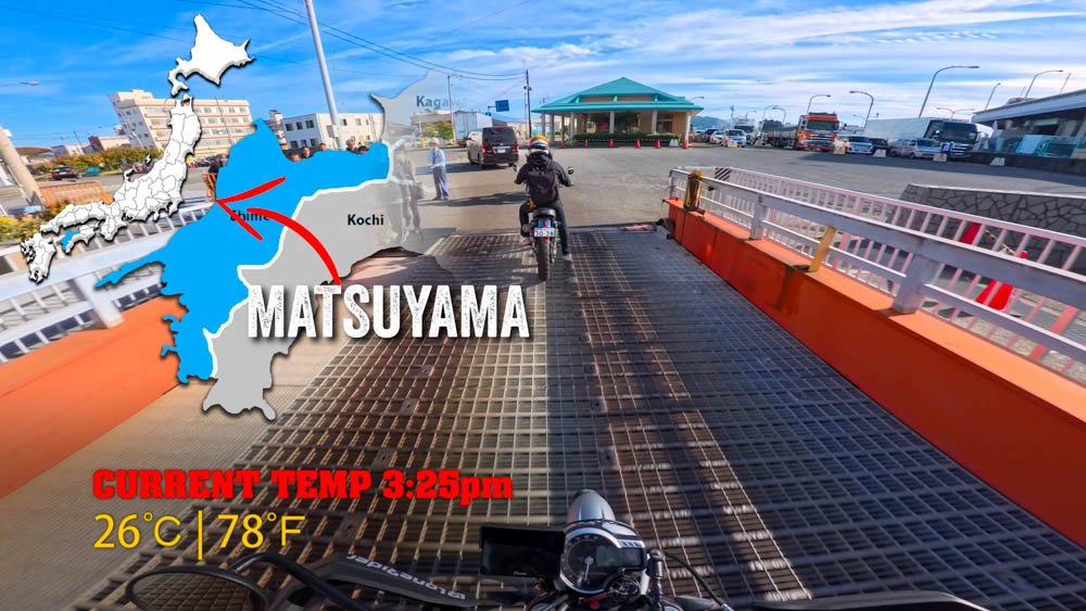 Motorcycle boarding the ferry to Matsuyama as Project 47 enters Shikoku