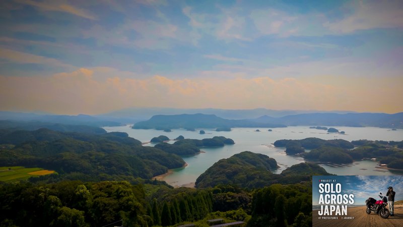 Mountain overlook across the Saga coastline and islands on a solo motorcycle trip through Japan