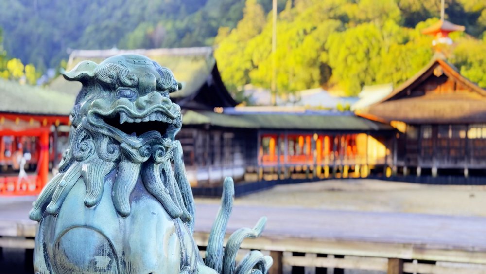 Komainu guardian statue at Itsukushima Shrine on Miyajima in Hiroshima Prefecture