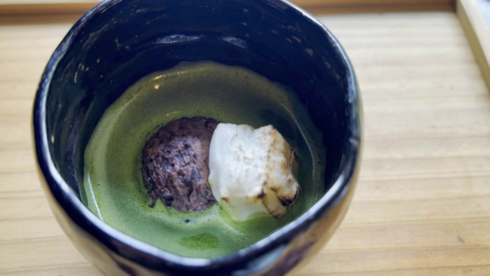 Matcha with azuki red bean and toasted mochi served in Uji, Kyoto