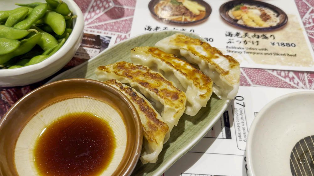 Plate of pan-fried Japanese gyoza with dipping sauce and edamame in Kyoto